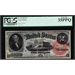 1869 $2 Rainbow Legal Tender Note Fr.42 PCGS Very Fine 35PPQ