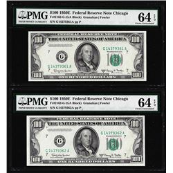 (2) Consecutive 1950E $100 Federal Reserve Notes Chicago PMG Choice Uncirculated 64EPQ