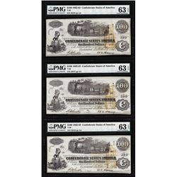 (3) Consecutive 1862 $100 Confederate States of America Notes PMG Ch. Uncirculated 63EPQ