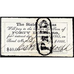 1863 $40 State of Texas Bond Coupon Obsolete Note