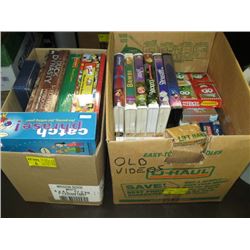 2 BOXES OF MISC GAMES, VHS TAPES ETC.