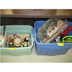 2 BINS OF MISC HAIR DRYERS, DECORATIVE ITEMS ETC.