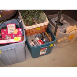 3 BINS OF MISC DECORATIVE ITEMS, BASKET ETC.