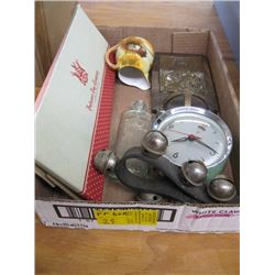 BOX OF MISC ALARM CLOCK, BELLS, HUDSON BAY LEATHER GLOVES ETC.