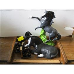 PAIR OF HORSE BOOKENDS, 3 HORSE FIGURINES