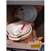 Image 1 : BOX OF MISC MIXING BOWL SET, PLATE, GLASS CANISTER LID, KITCHEN ITEMS ETC.