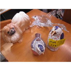 CRYSTAL SIGNED GOOSE FIGURINE, ENGLISH DOG FIGURINES, 2 BIRD FIGURINES