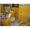 Image 1 : 4 PIECE BEDROOM SUITE, MIRRORED DRESSER WITH STOOL, CHEST OF DRAWERS, HEADBOARD & FOOTBOARD