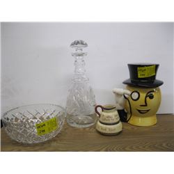 CRYSTAL DECANTER & BOWL, PEANUT MAN COOKIE JAR, 2 ENGLISH POTTERY PIECES