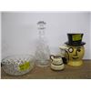 Image 1 : CRYSTAL DECANTER & BOWL, PEANUT MAN COOKIE JAR, 2 ENGLISH POTTERY PIECES