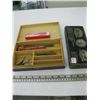 Image 1 : WOODEN BOX WITH ASSORTED SCISSORS, TIN BOX, PENS ETC.
