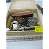 Image 1 : WOODEN BOX OF COLLECTABLE BELT BUCKLES, LIGHTERS, LETTER OPENER, BRACELET ETC.