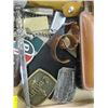 Image 2 : WOODEN BOX OF COLLECTABLE BELT BUCKLES, LIGHTERS, LETTER OPENER, BRACELET ETC.
