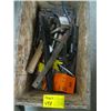 Image 1 : WOODEN CRATE OF MISC TOOLS. PLASTIC BIN OF WELDING MASK ACCESSORIES