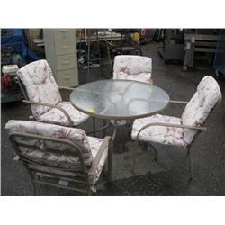 SMALL GLASS PATIO TABLE WITH 4 CHAIRS & CUSHIONS