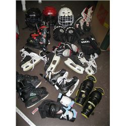 LARGE BOX OF KIDS HOCKEY HELMETS & SKATES