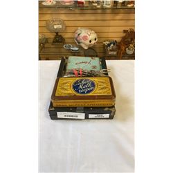 TRAY OF VINTAGE COLLECTABLES, SILVER PLATE, COINS, TINS