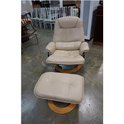 WHITE LEATHER RECLINING CHAIR AND OTTOMAN