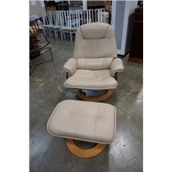 WHITE LEATHER RECLINING CHAIR AND OTTOMAN