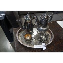 SILVER PLATE SERVING TRAY,  2 TEA POTS, AND CREAM AND SUGAR