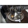 Image 1 : SILVER PLATE SERVING TRAY,  2 TEA POTS, AND CREAM AND SUGAR