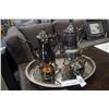 Image 2 : SILVER PLATE SERVING TRAY,  2 TEA POTS, AND CREAM AND SUGAR