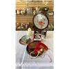 Image 1 : EASTERN DECOR, EMBROIDERED ART, BOWLS, CARVED WOOD HANGING PIECE AND LOTUS WITH KOI FISH FIGURE