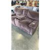 Image 2 : BROWN DOUBLE RECLINING MICROFIBER COUCH WITH STORAGE CONSOLE AND CUPHOLDERS