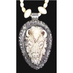 Carved Bone Buffalo Pendant Necklace