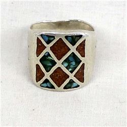 Vintage Navajo Sterling & Chip Inlay Ring, Size 9