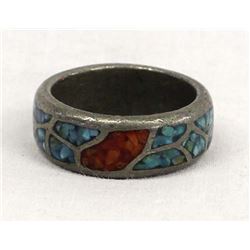 Native American Sterling Chip Inlay Ring, Sz 10.5