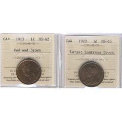 1913 & 1920 1¢.  Lot of 2 coins both IC