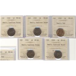 1920 sml 1¢.  Lot of 5 coins all ICCS c