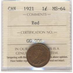 1921 1¢.  A gem certified as ICCS MS64R