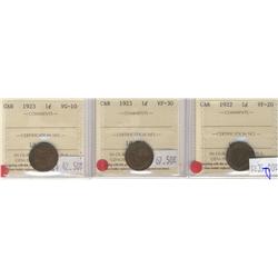 1923 1¢.  Lot of three coins all certif