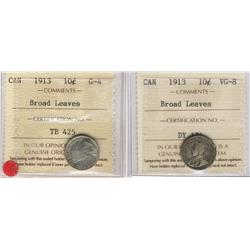 1913 10¢ Broad leaf.  Lot of two coins.