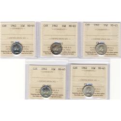 1962 10¢.  Lot of 5 minstate coins all 