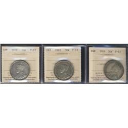 1912 x 2 & 1914 50¢.  Lot of three coin