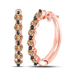 1 CTW Womens Round Brown Diamond Hoop Earrings 14kt Rose Gold - REF-46X3T