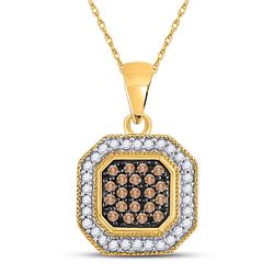 1/3 CTW Womens Round Brown Diamond Octagon Cluster Pendant 10kt Yellow Gold - REF-17A6M
