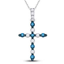 1/4 CTW Womens Round Blue Color Enhanced Diamond Cross Pendant 10kt White Gold - REF-13W5H
