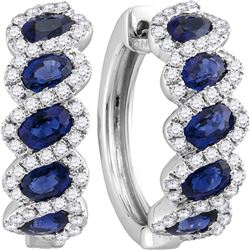 3 & 3/8 CTW Womens Oval Blue Sapphire Diamond Hoop Earrings 18kt White Gold - REF-197W6H