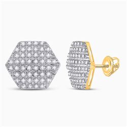 1/3 CTW Mens Round Diamond Hexagon Stud Earrings 10kt Yellow Gold - REF-21A8M