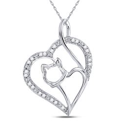 1/10 CTW Womens Round Diamond Cat Heart Animal Pendant 10kt White Gold - REF-10R9X