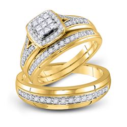 3/4 CTW His Hers Princess Diamond Square Matching Wedding Set 10kt Yellow Gold - REF-87Y3N