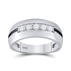 1/2 CTW Mens Round Diamond Wedding Black Groove Band Ring 10kt White Gold - REF-73F6W