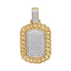7/8 CTW Mens Round Diamond Cuban Link Outline Dog Tag Cluster Charm Pendant 10kt Yellow Gold - REF-9