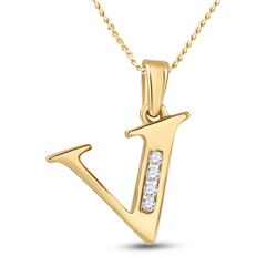 1/20 CTW Womens Round Diamond V Initial Letter Pendant 10kt Yellow Gold - REF-8H3R