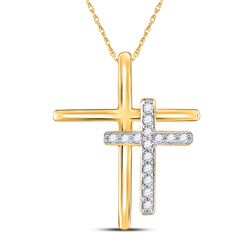 1/10 CTW Womens Round Diamond Double Cross Pendant 10kt Yellow Gold - REF-8T9V