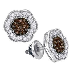 1/2 CTW Womens Round Brown Diamond Polygon Cluster Earrings 10kt White Gold - REF-24N5A